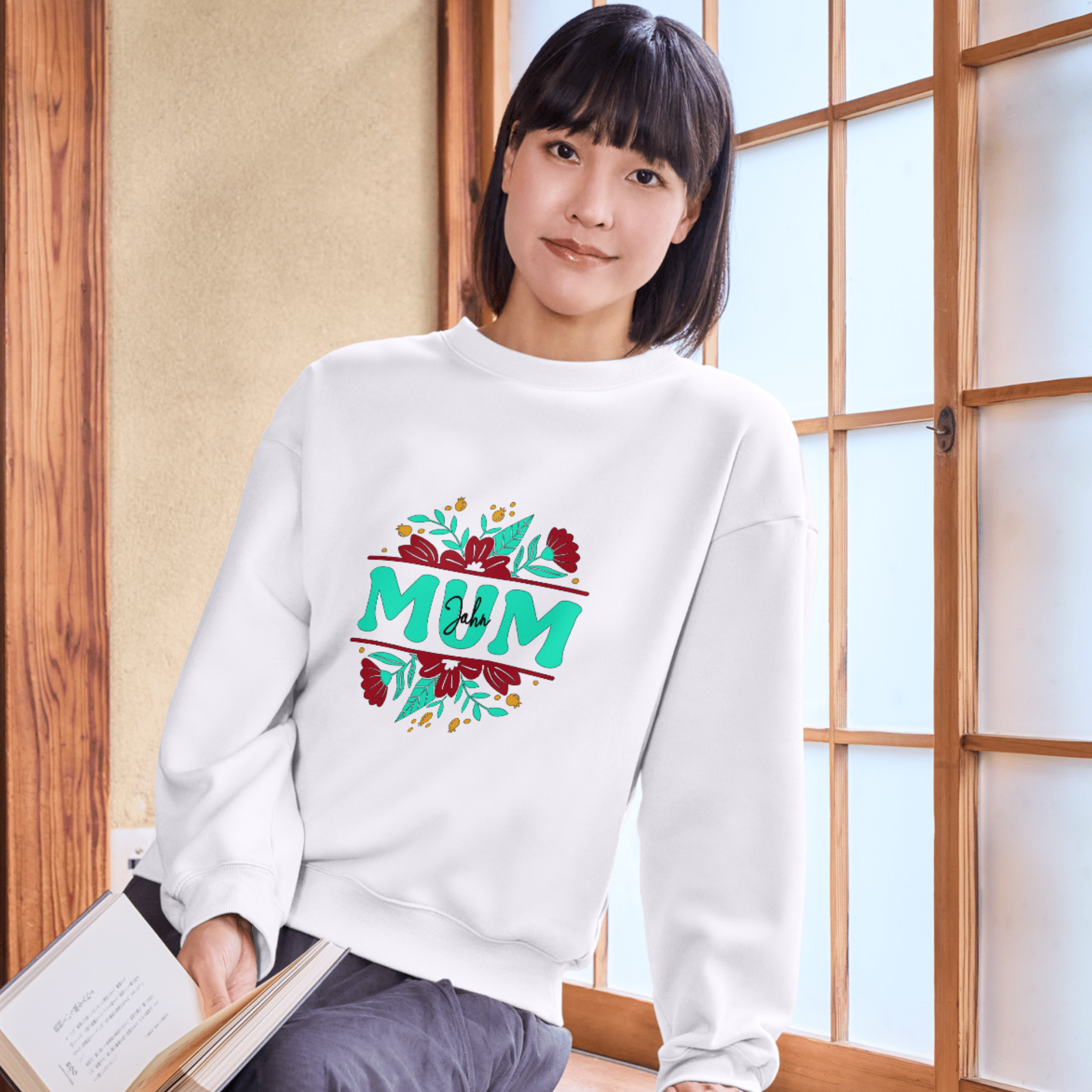 Personalised Mum Sweatshirt with Child’s Name | Custom Mother’s Day Gift | Botanical Mum Jumper